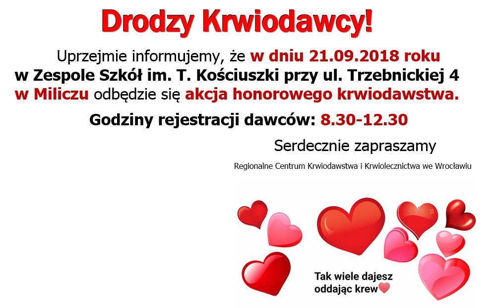 Zachęcamy do udziału w akcji krwiodawstwa w Miliczu - 21.09.2018 r.