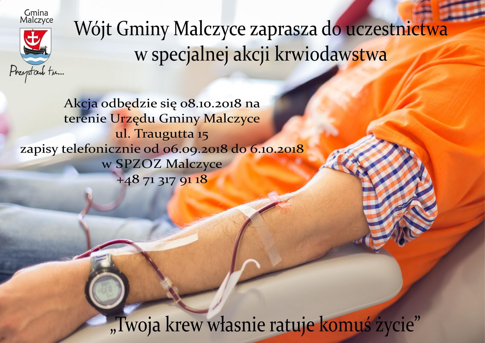 Wójt Gminy Malczyce zaprasza do udziału w akcji krwiodawstwa - 08.10.2018 r.