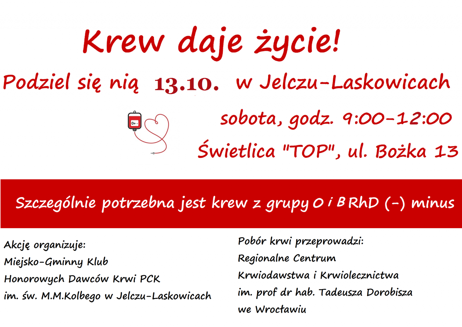Miejsko-Gminny Klub HDK PCK w Jelczu Laskowicach zaprasza na akcję krwiodawstwa - 13.10.2018 r.