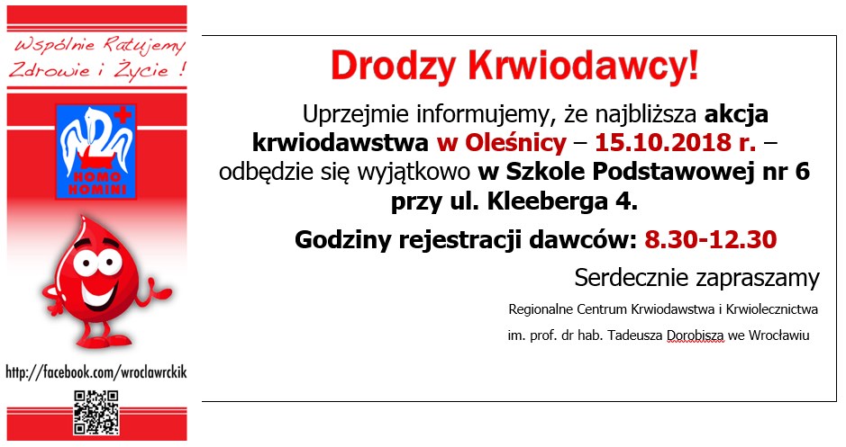 Zmiana miejsca poboru krwi w Oleśnicy - 15.10.2018 r.