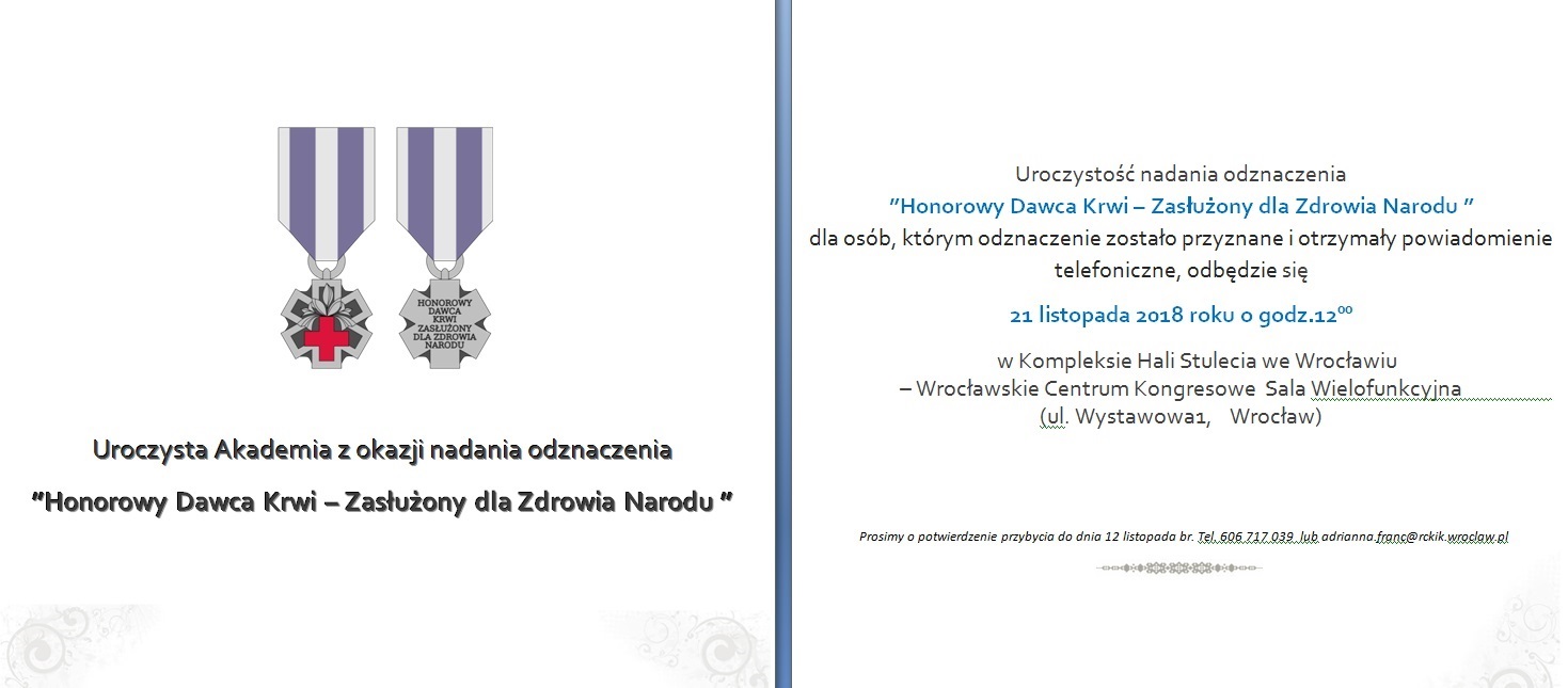 Uroczystość nadania odznaczenia ”Honorowy Dawca Krwi – Zasłużony dla Zdrowia Narodu ”