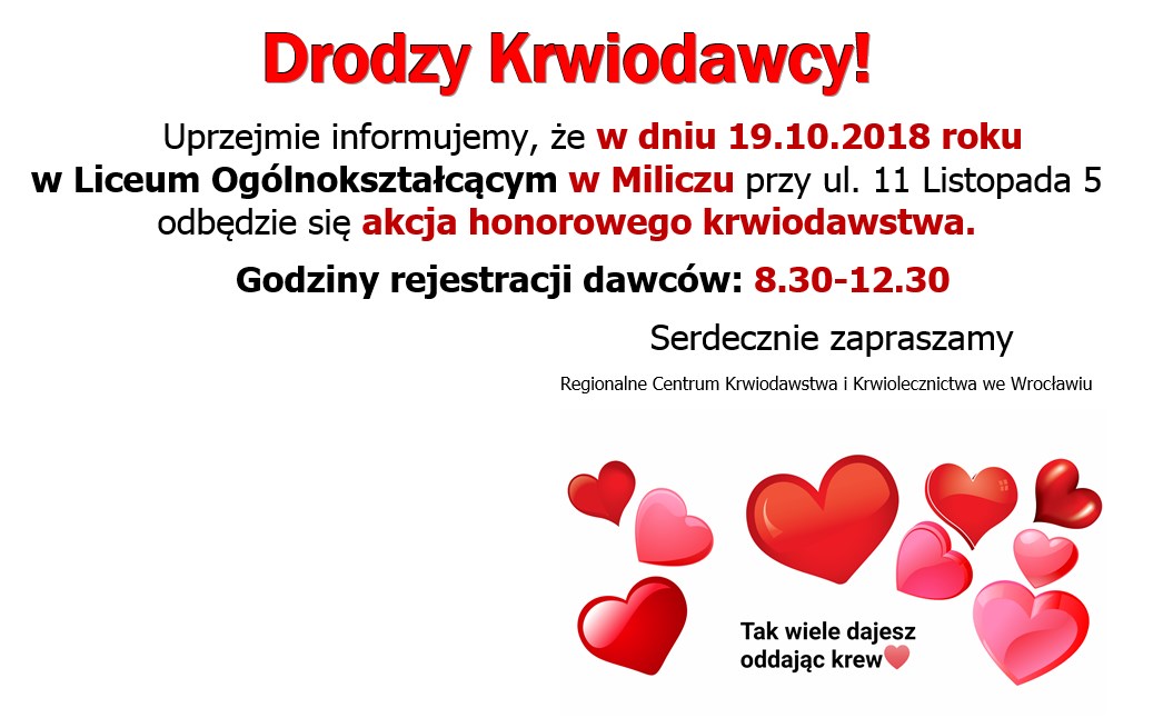 Zapraszamy na akcję krwiodawstwa do Milicza - 19.10.2018 r.