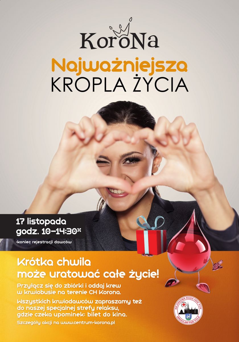 Oddaj krew przed CH Korona we Wrocławiu i odbierz bilet do kina - 14.11.2018 r.