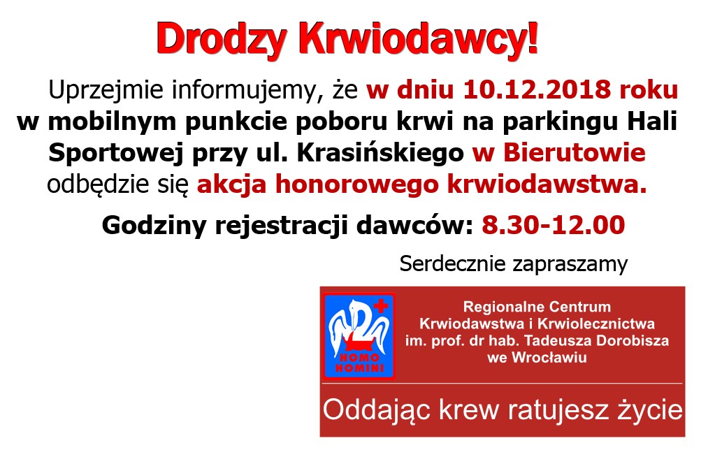 Zapraszamy na akcję krwiodawstwa do Bierutowa - 10.12.2018 r.