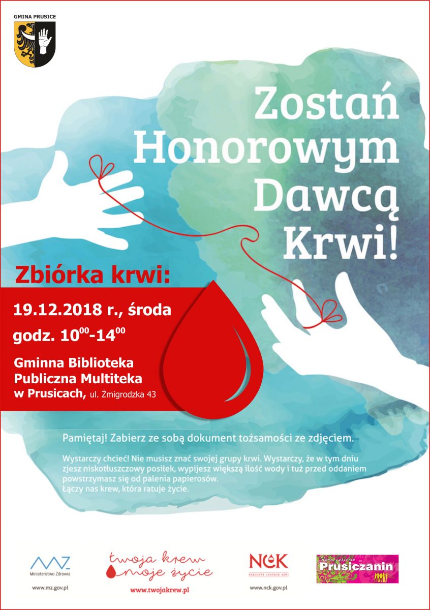 Zapraszamy na akcję krwiodawstwa do Prusic - 19.12.2018 r.