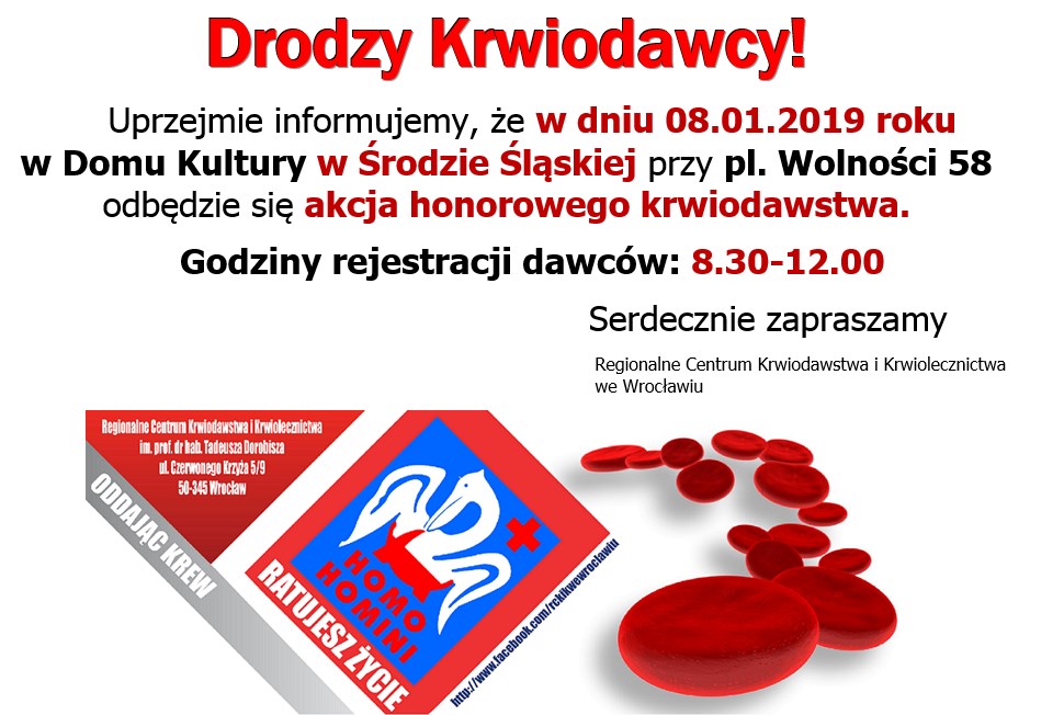 Zapraszamy na akcję krwiodawstwa do Środy Śląskiej - 8.01.2019 r.