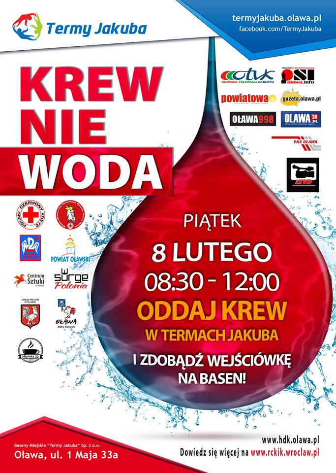 Zachęcamy do oddawania krwi na akcji krwiodawstwa w Oławie - 8.02.2019 r.