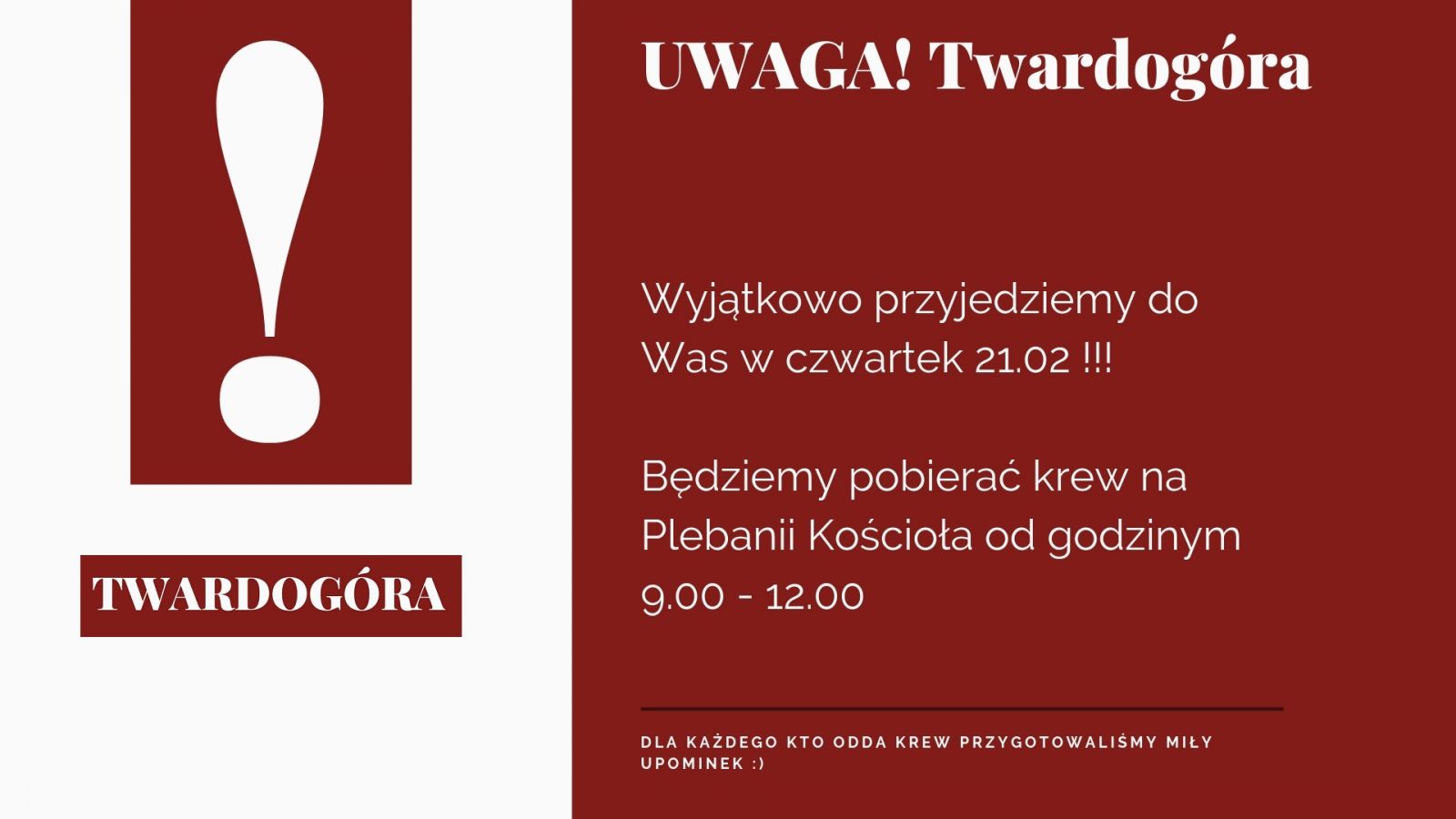 Wyjątkowo w czwartek 21.02 będziemy pobierać krew w Twardogórze