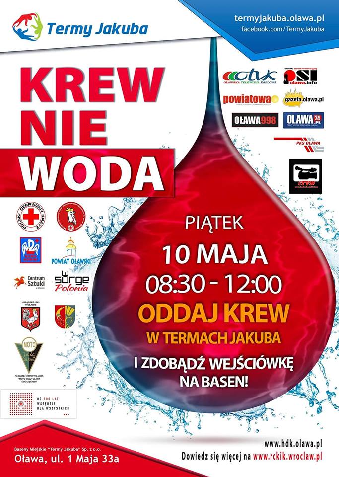 Zapraszamy na akcję krwiodawstwa do Oławy - 10.05.2019 r.