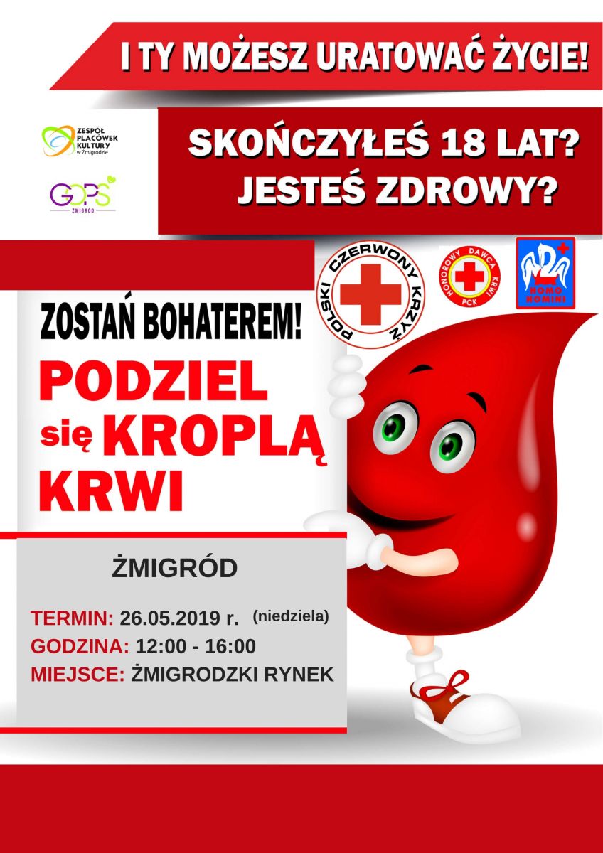 Zapraszamy na akcję krwiodawstwa do Żmigrodu - 26.05.2019 r.