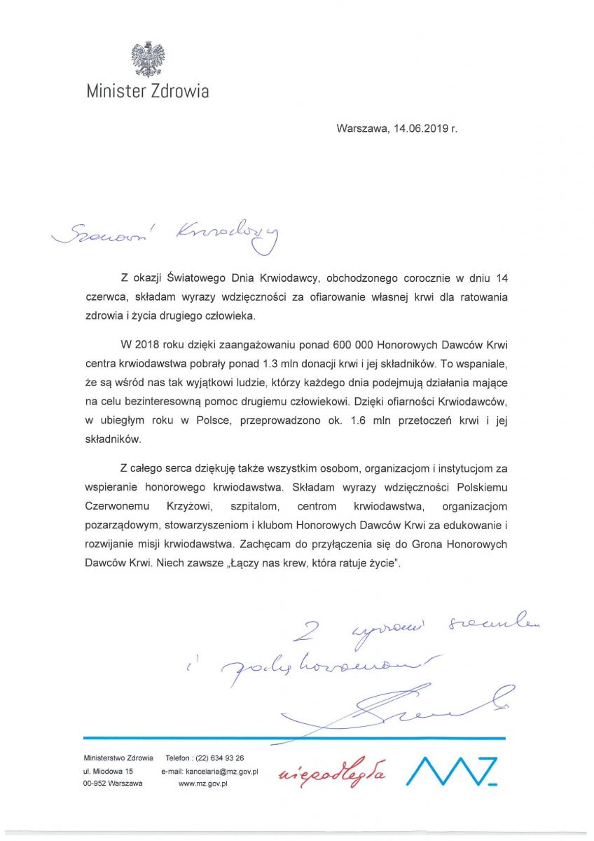 Życzenia Ministra Zdrowia z okazji Światowego Dnia Krwiodawcy