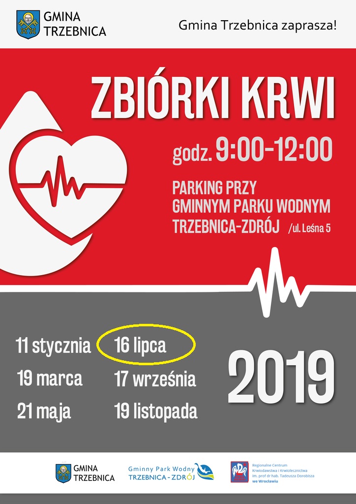 Zapraszamy na akcję krwiodawstwa do Trzebnicy - 16.07.2019 r.