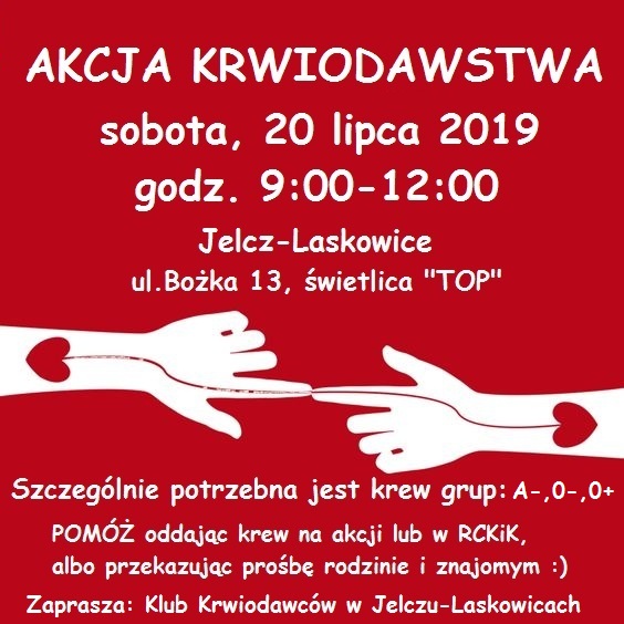 Klub GHK PCK w Jelczu Laskowicach zachęca do udziału w akcji krwiodawstwa - 20.07.2019 r.