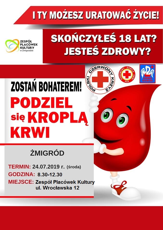 Zapraszamy na akcję krwiodawstwa do Żmigrodu - 24.07.2019 r.