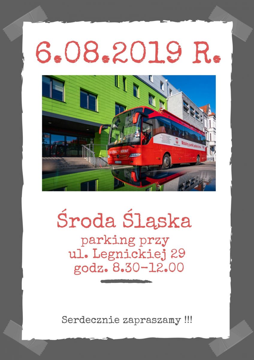Zapraszamy na akcję krwiodawstwa do Środy Śląskiej - 6.08.2019 r.
