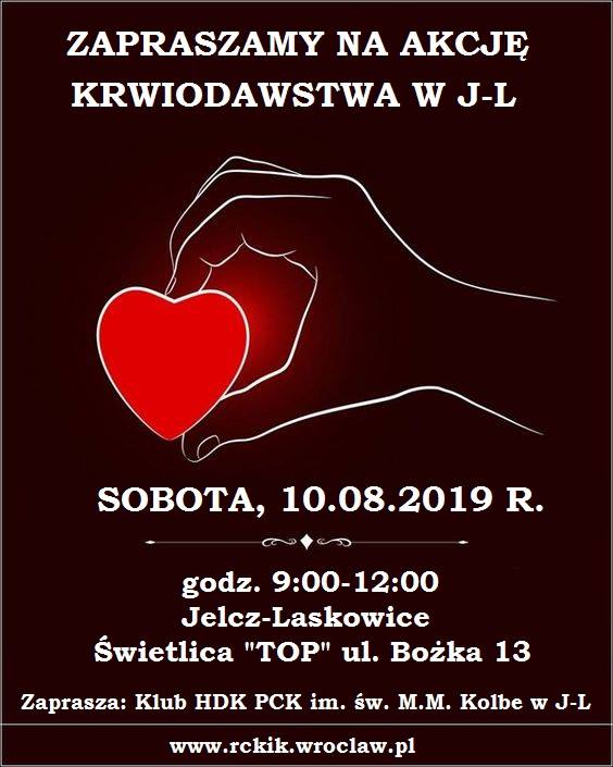 Klub HDK PCK w Jelczu Laskowicach zachęca do udziału w akcji krwiodawstwa - 10.08.2019 r.