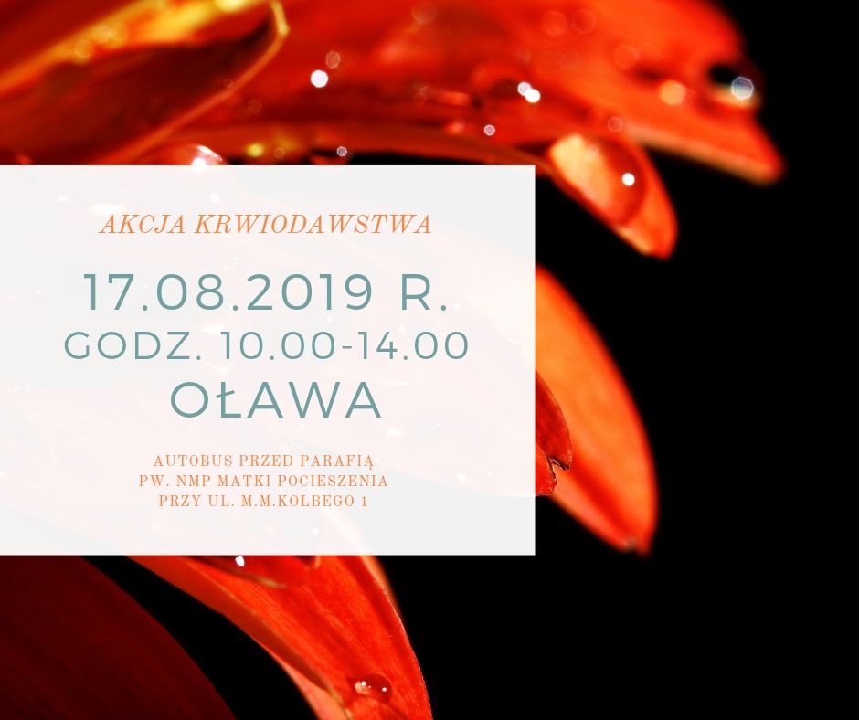 Zapraszamy na akcję krwiodawstwa do Oławy - 17.08.2019 r.
