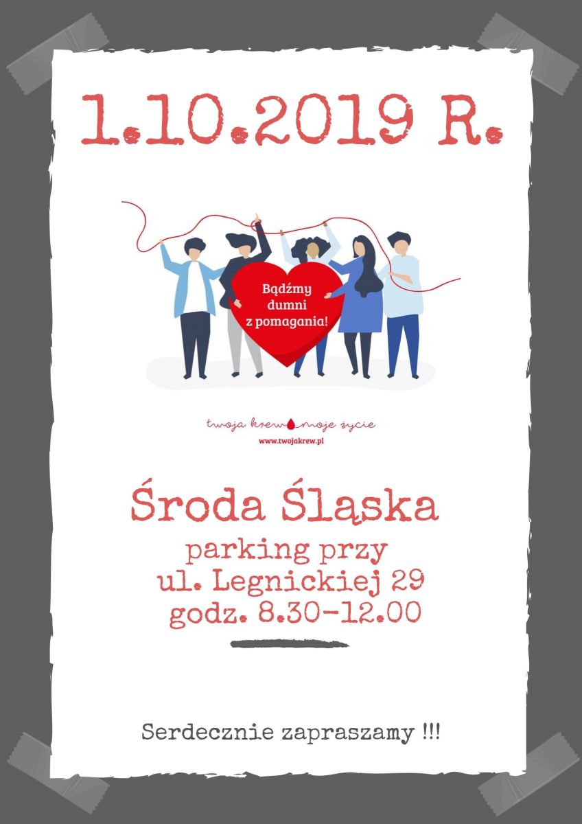 Zapraszamy na akcję krwiodawstwa do Środy Śląskiej - 01.10.2019 r.