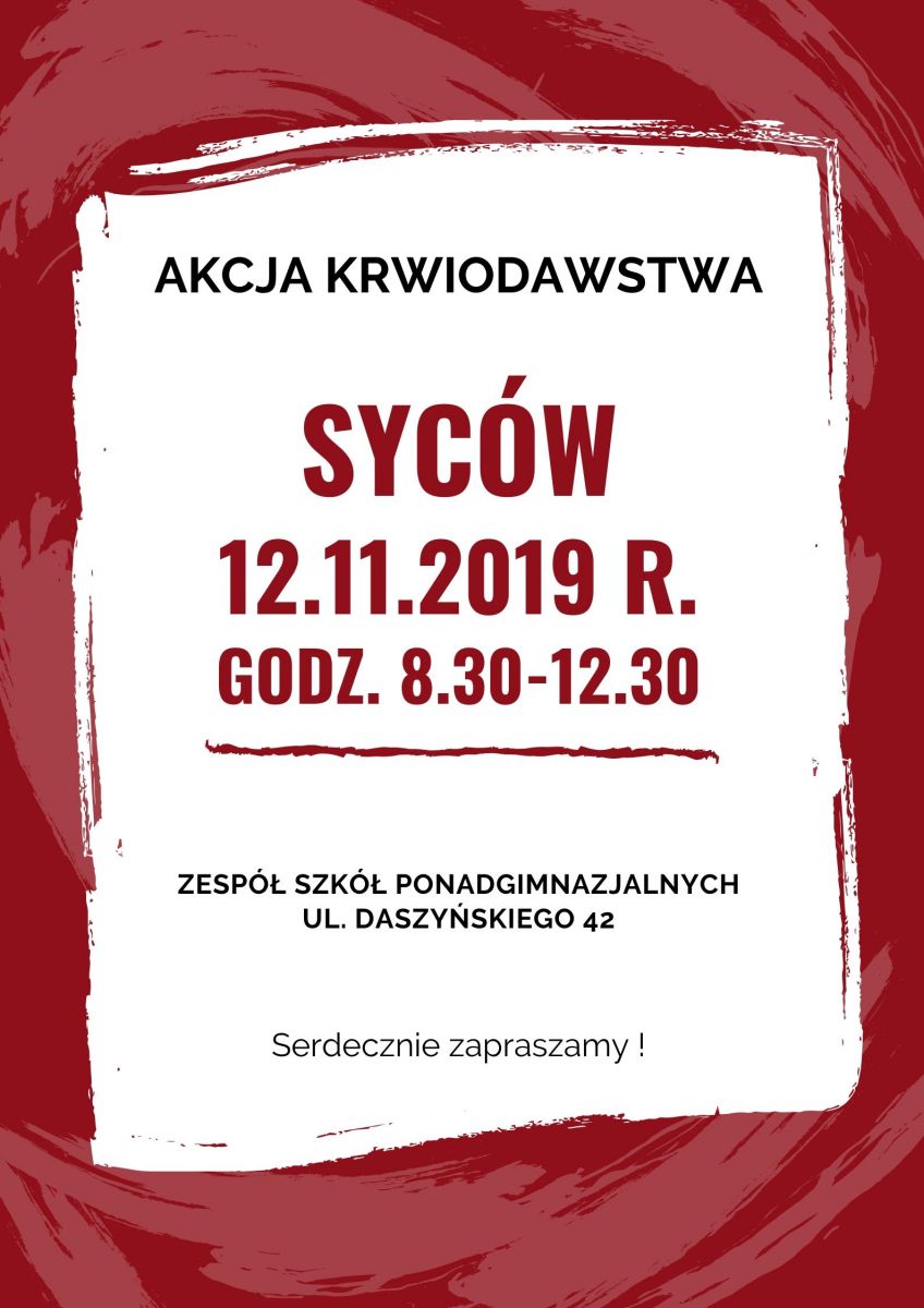 Zapraszamy na akcję krwiodawstwa do Sycowa - 12.11.2019 r.